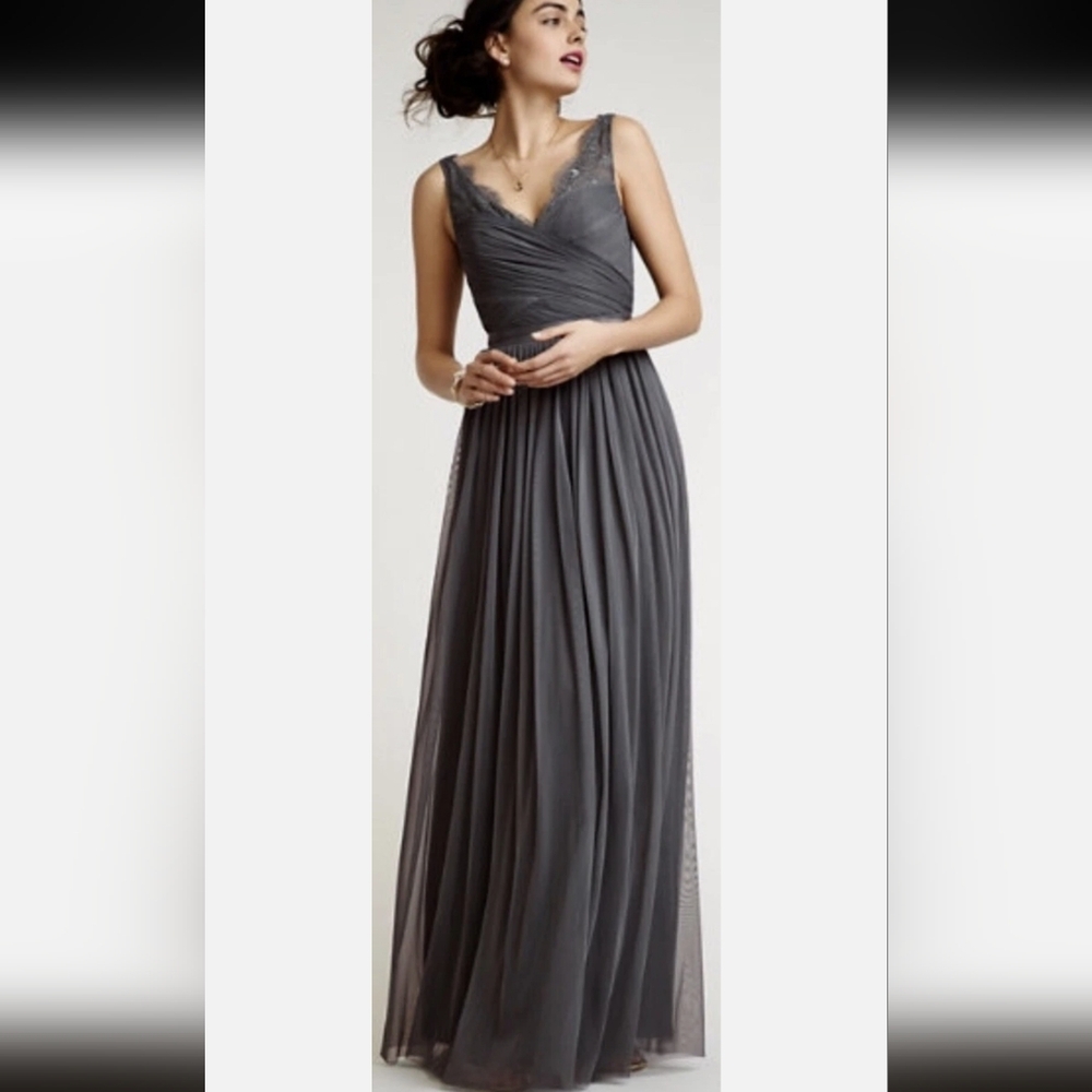 Hitherto BHLDN Anthro Size 18 Gray Lace Tulle Maxi Dress Formal Prom Bridesmaid